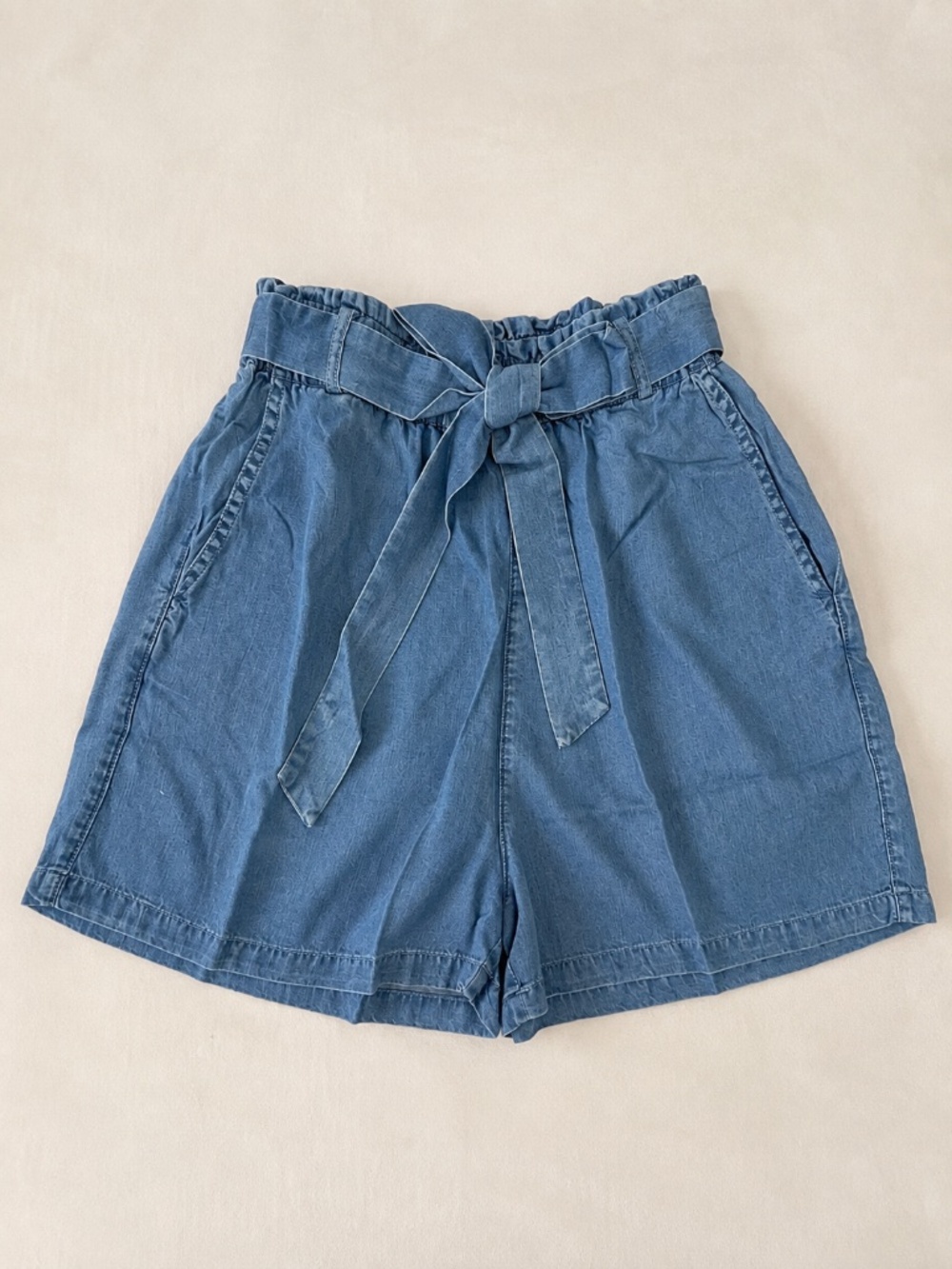 Active USA High Waist Paperbag Tie Belt Chambray Shorts Blue